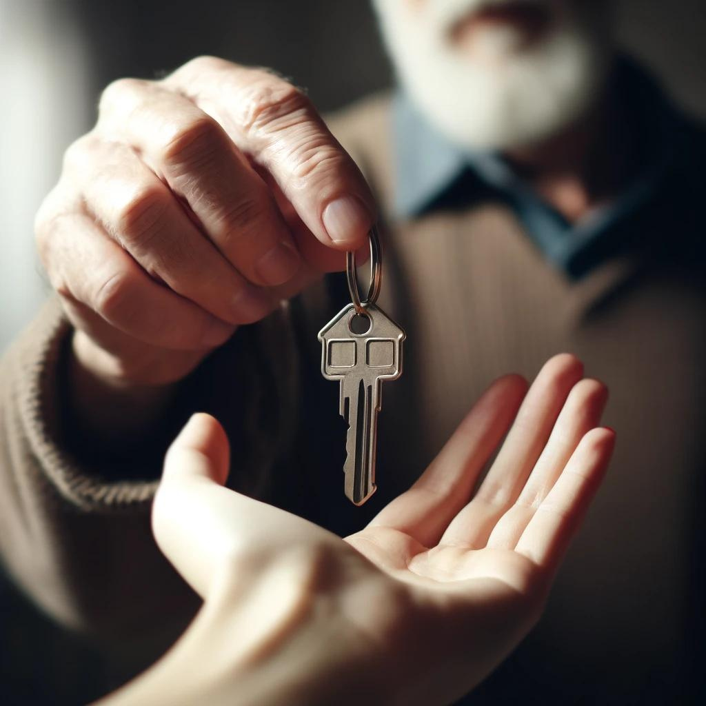 A house-shaped key being handed from one person to another