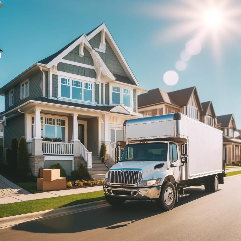 Moving truck parked in front of a house